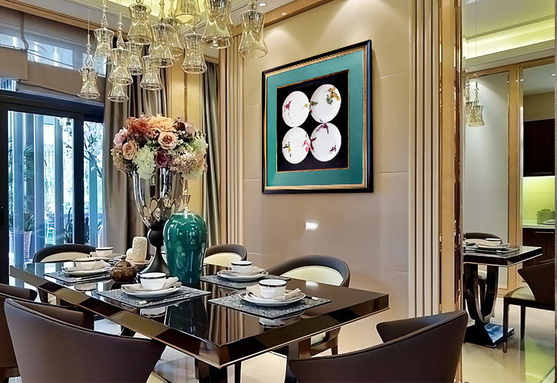 設(shè)計(jì)師樣板間實(shí)物盤(pán)子畫(huà) 現(xiàn)代輕奢餐廳玄關(guān)立體掛畫(huà) 錦瓷