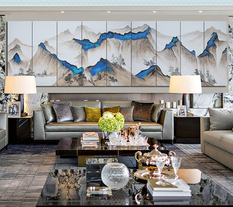 新中式會議室酒店山水風(fēng)景壁畫 大型高端定制巨幅手繪裝飾畫 南山
