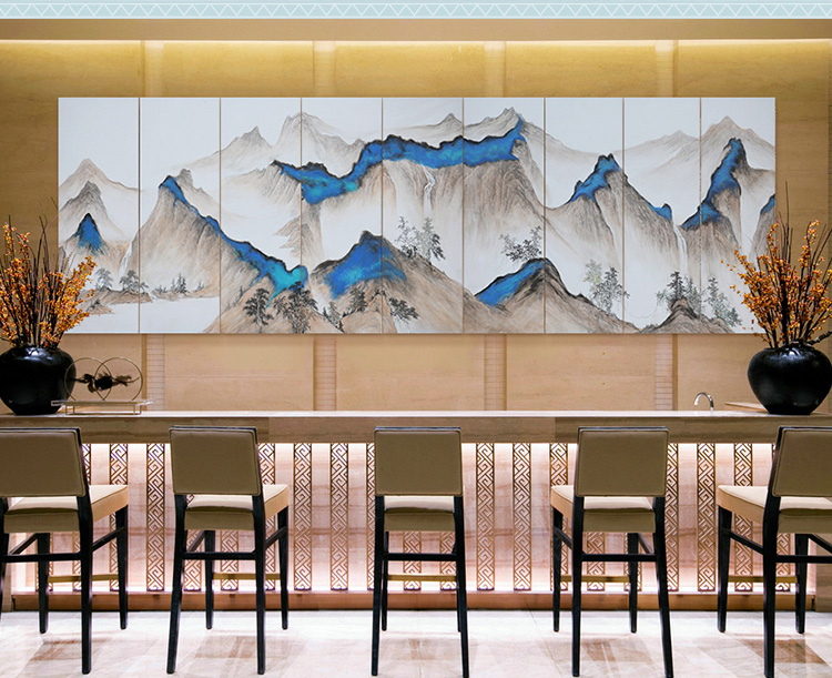 新中式會議室酒店山水風(fēng)景壁畫 大型高端定制巨幅手繪裝飾畫 南山