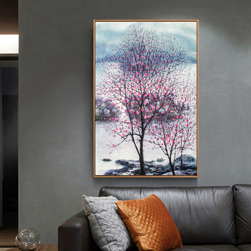 新中式客廳裝飾畫 書(shū)房原創(chuàng)純手繪梅花圖 臥室環(huán)保PS框掛畫 桃花